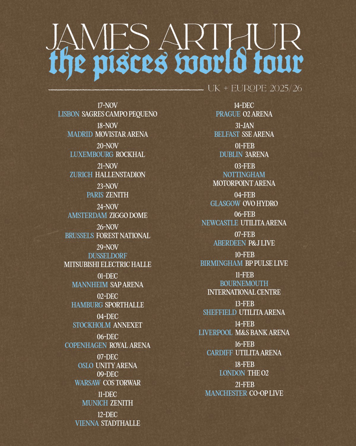 James Arthur The Pisces World Tour Poster 2026